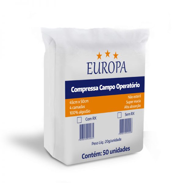 COMPRESSA CAMPO OPERATORIO N/EST.45X50 S/FIO RX  20GR. PCT C/50 UN -EUROPA - F08409